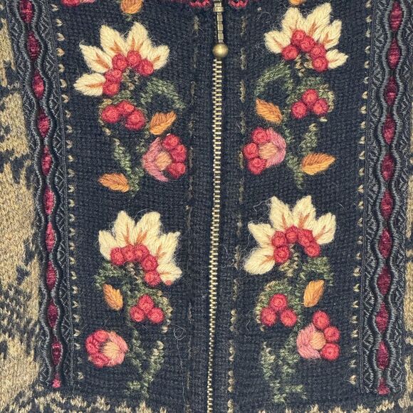Vintage Icelandic Design Sweater Jacket Large Black Wool Zip Floral Cardigan 00s - Picture 5 of 12
